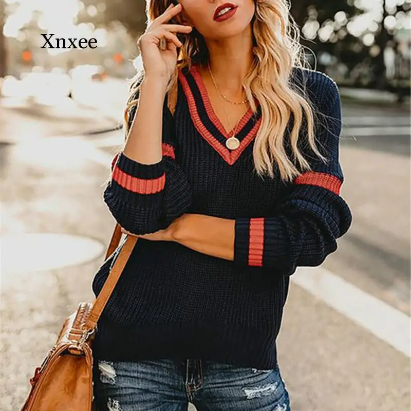 Patchwork Womens Sweater Knitted V Neck Loose Long Sleeve Casual Woman Sweater Winter Striped Female Clothes