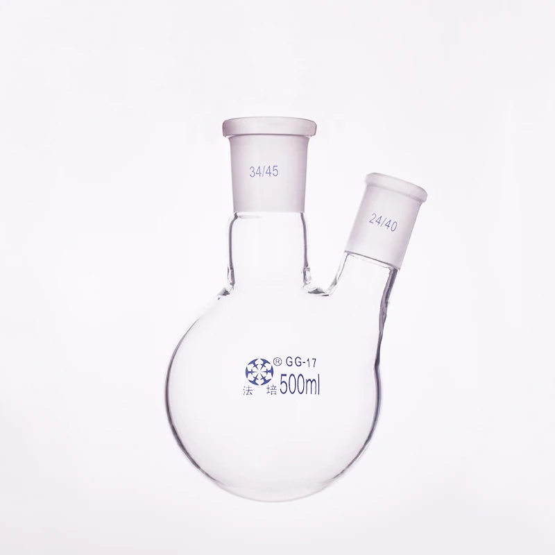 

Two-necked flask oblique shape,with two necks standard grinding mouth,Capacity 500ml,Middle joint 34/45 and lateral joint 24/40