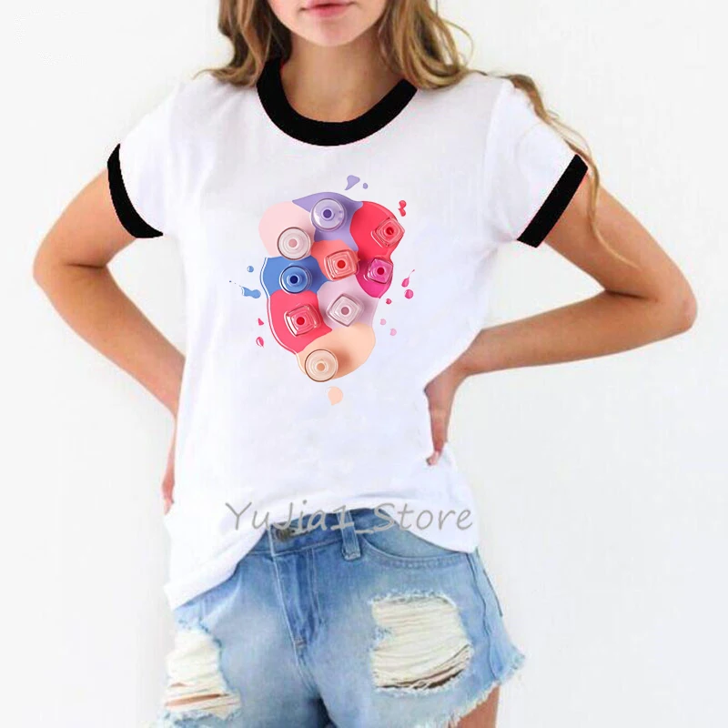 Summer 2024 Female T-Shirt Harajuku Kawaii Watercolor Nail Polish Print T Shirt Women White Ringer Tee Shirt Custom Tshirt