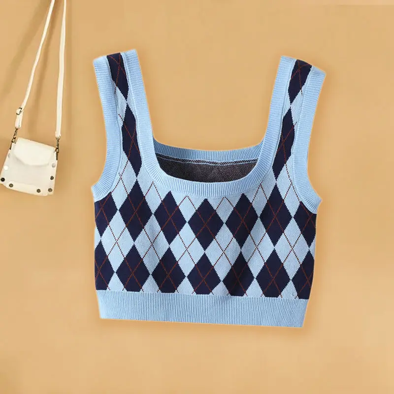 Sweater Vest Women Young Sweet Cropped All Match Street Wear Beachwear Design Knitted Spring Fashion Ulzzang Mujer Argyle Ins