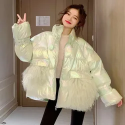 Women's Winter Silver Down Cotton Jacket Glossy 2023 Golden Big Fur Collar Thick Shiny Long Pink Blue Warm  Parkas