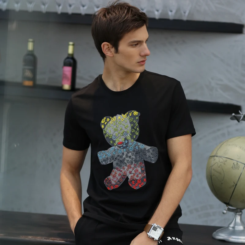 AlexPlein Handmade Beads Teddybear Streetwear Cotton Tshirt Men Shortsleeve 2021 Summer Man Clothing Fashion Round Neck Cartoon