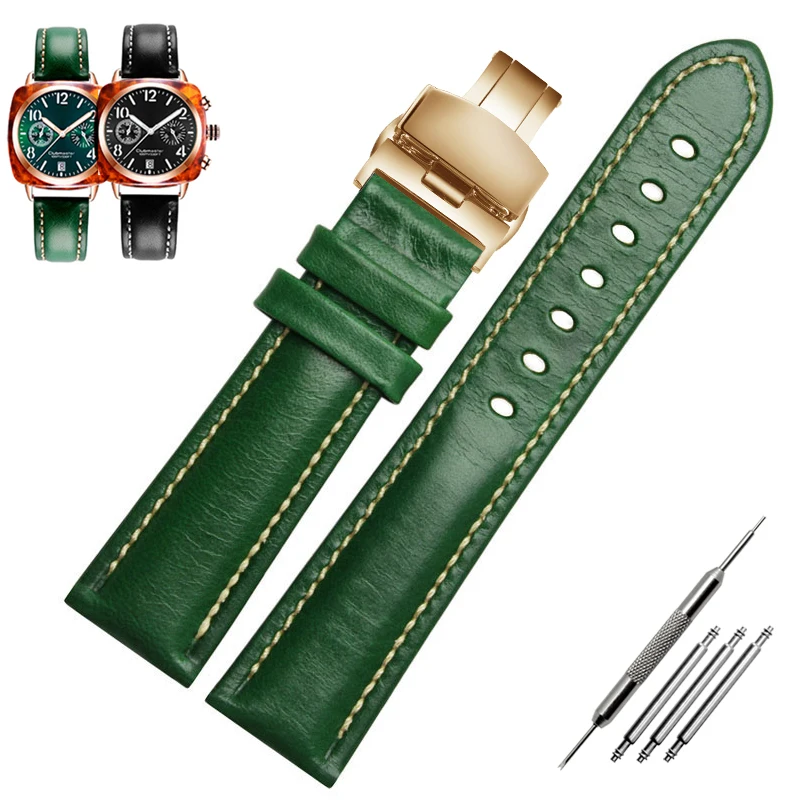 Black Red Green Genuine Leather Bracelet Color Watch Strap Butterfly Clasp Watchband Sized in 18mm 20mm 21mm22mm watch band