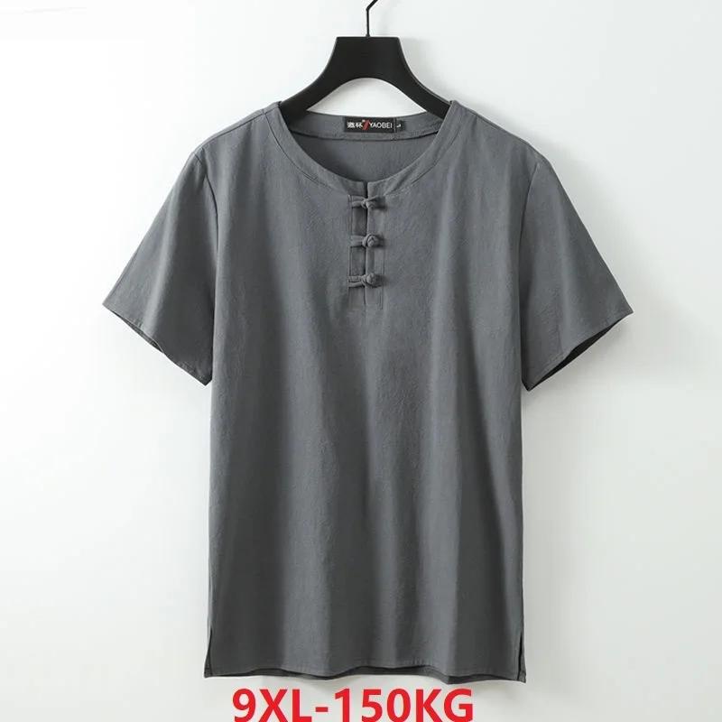 

summer linen T-shirt Men Chinese style tees Short Sleeve Tang suit plus size 5XL 7XL 8XL 9XL oversize tshirt loose 66 68 70 blue