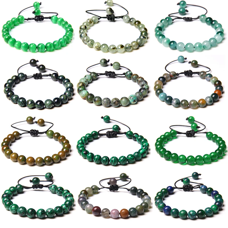 Green Beads Bracelet Natural Stone Malachites Cat Eye Agates Braided Bracelets For Women Men Healing Reiki Bangles Meditation