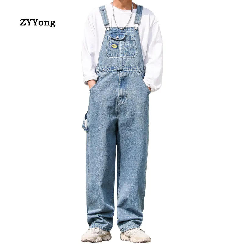 2021 Spring Denim Rompers Overalls Men Bib Jumpsuit Single Cargo Fashion Casual Pants Big Pocket Light Blue Trousers