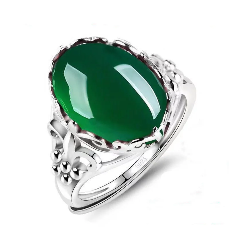 925 Silver Plated Natural Green Chalcedony Gemstone Ring Female Red Agate Atmosphere Fashion Open Ring Birthday Gift