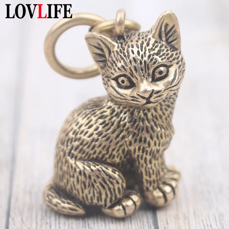 Pure Copper Plutus Cat Keychain DIY Hanging Accessories Jewelry Cute Animal Kitten Figure Keyring Pendant Children Birthday Gift