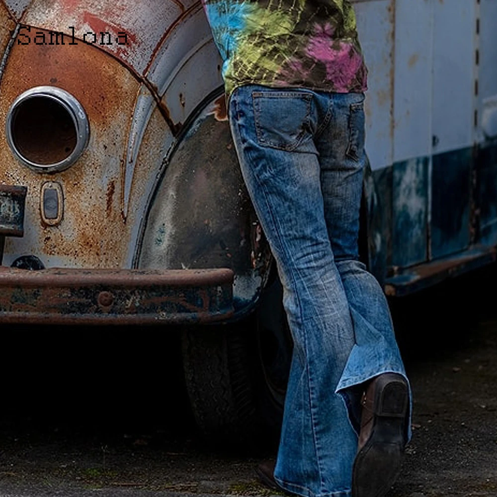 Samlona 2023 New Western Style Mens Sexy Jeans Demin Pants Slim Bottom Classic Fashion Denim Trousers Patchwork Flare Pants Men