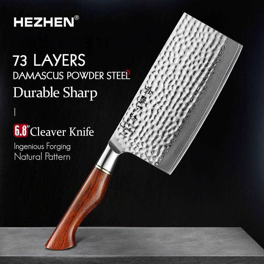 HEZHEN 6.8 Inches Cleaver Knife 73 Layers Powder Steel Damascus Steel 14Cr14MoVNb Steel Core Kitchen Slice Knives For Meat