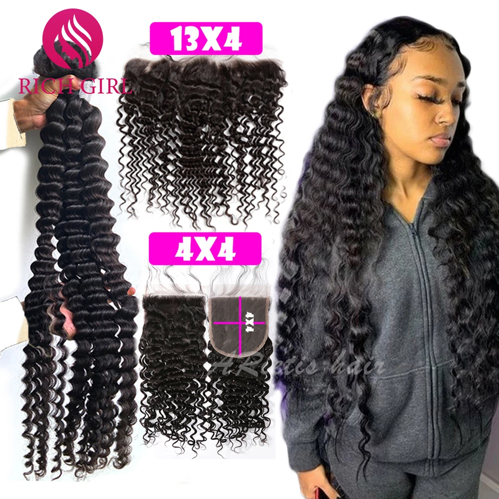 

32 34 36 38 40 Inch Deep Wave Bundles With Closure Brazilian Remy Human Hair Bundles With Frontal Water Curly & 4x4 Lace Closure