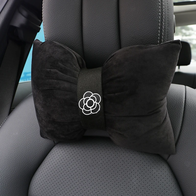 Cute Flower Soft Plush Bowknot Car Seat Headrest Neck Pillow Velvet Head Rest Cushion Waist Pillows Car Accessories Interior