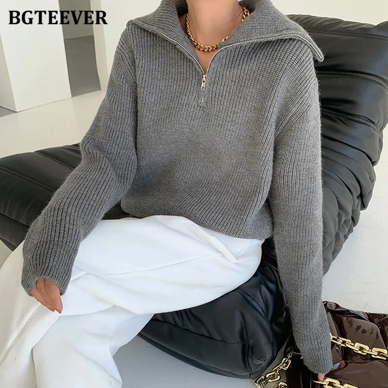 BGTEEVER Fashion Thick Turtleneck Zipper Pullover Sweaters Women Loose Long Sleeve Female Solid Knitting Jumpers Autumn Winter