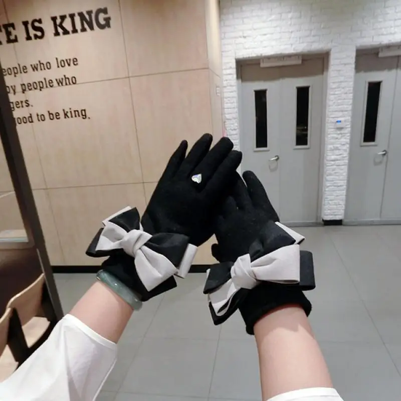 

Corduroy Bowknot Cashmere Gloves Korean Ladies Fashion Contrast Color Winter Five-Finger Touch Screen Warm Gloves