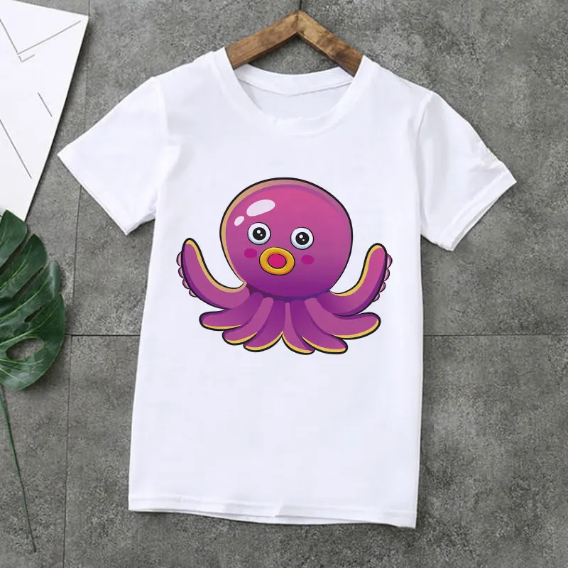 Summer Casual Girls T Shirts Cartoon Funny Crab Kids T Shirt Octopus Cute Boys T Shirts Harajuku Painted White New Baby T Shirt