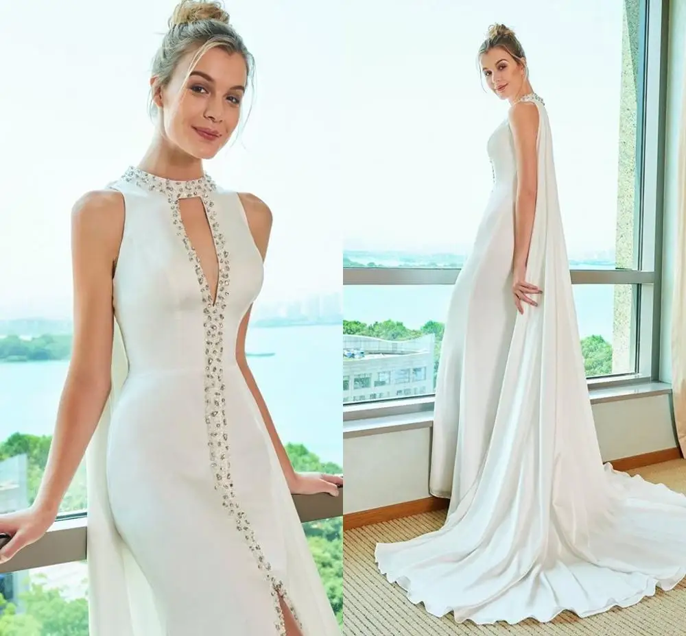 Sexy Fahuon Hot Mermaid Split-Vordere Friesen Weiß Abendkleider 2021 Kristall Arabisch Prom Kleider mit Warp vestidos de noiva