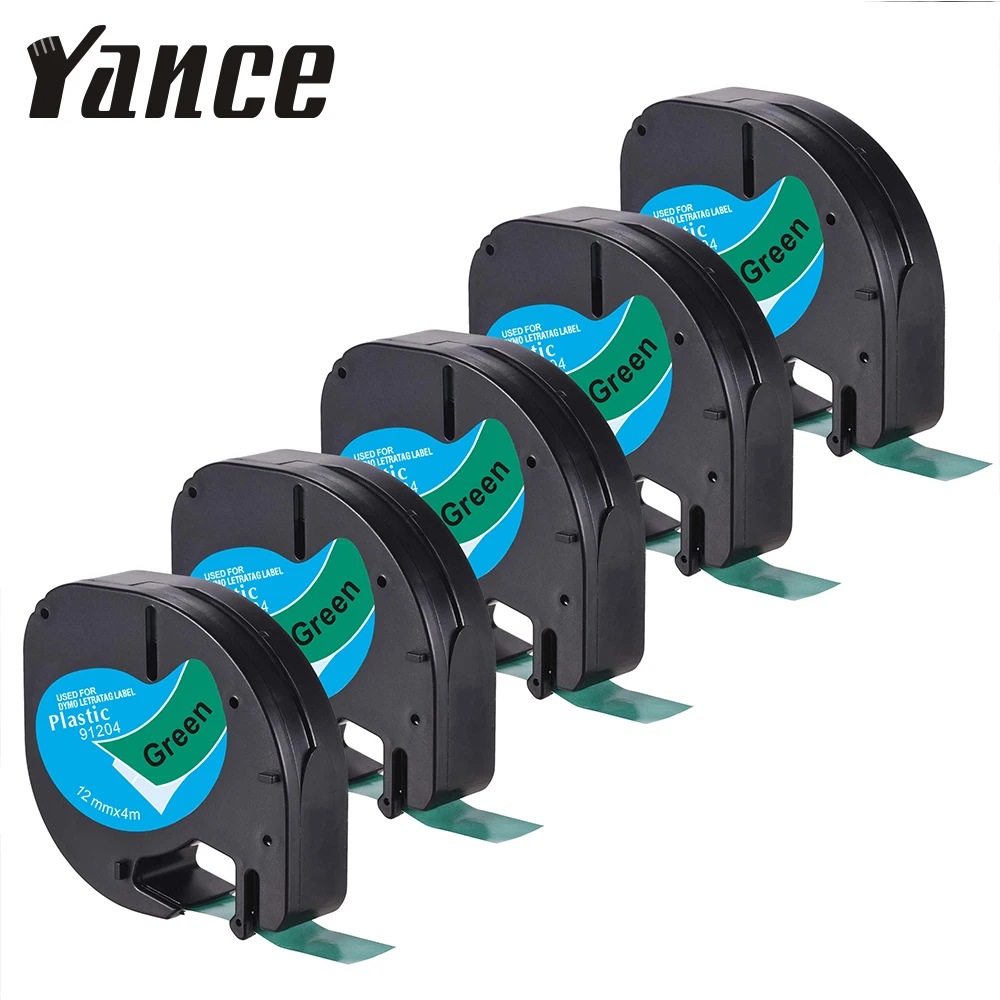 Yance 5Pcs/lot Compatible Dymo Letratag Tape Black on green (12mm x 4m) Plastic Label Tape for Dymo LetraTag label maker machine