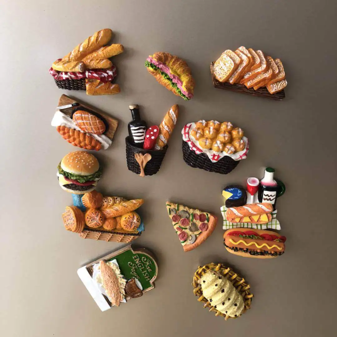 Creative Cartoon Bread Hot Dog Hamburger 3D Resin Refrigerator Sticker Iron Fridge Magnets Decorative Stickers