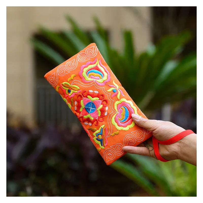 Women Vintage Ethnic Floral Embroidered Coin Clutch Long Wallet Durable Coin Purse Card Holder Portable Handbags 20*0.5*11CM