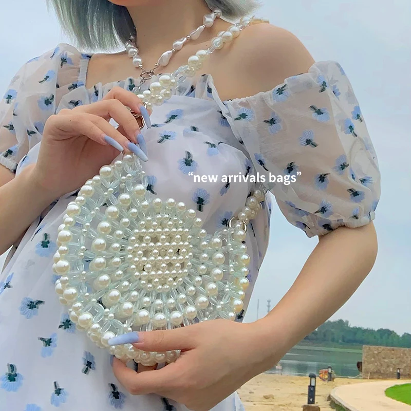 Sweet Round Cake Pearl DIY Material Bag Beaded Bag Hand Woven Bag Female Summer Single Shoulder Armpit Semi-circular Bag