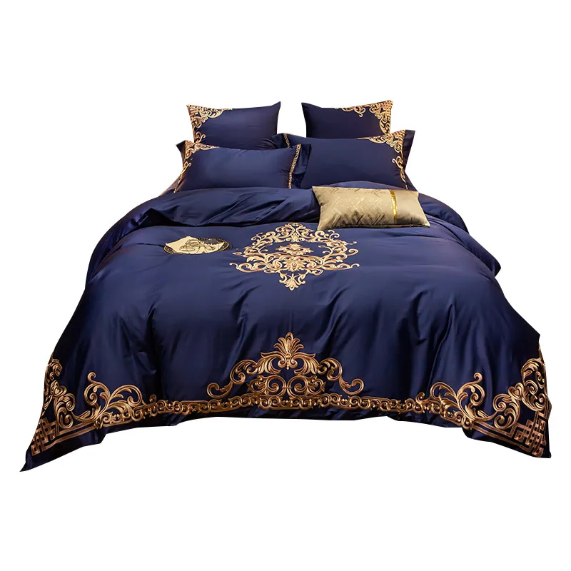 

60s Egypt Cotton Luxury Bedding Sets Queen Super King Size Egyptian Embroidered Europe Duvet Cover Bedsheets Dark Blue Bed Sets