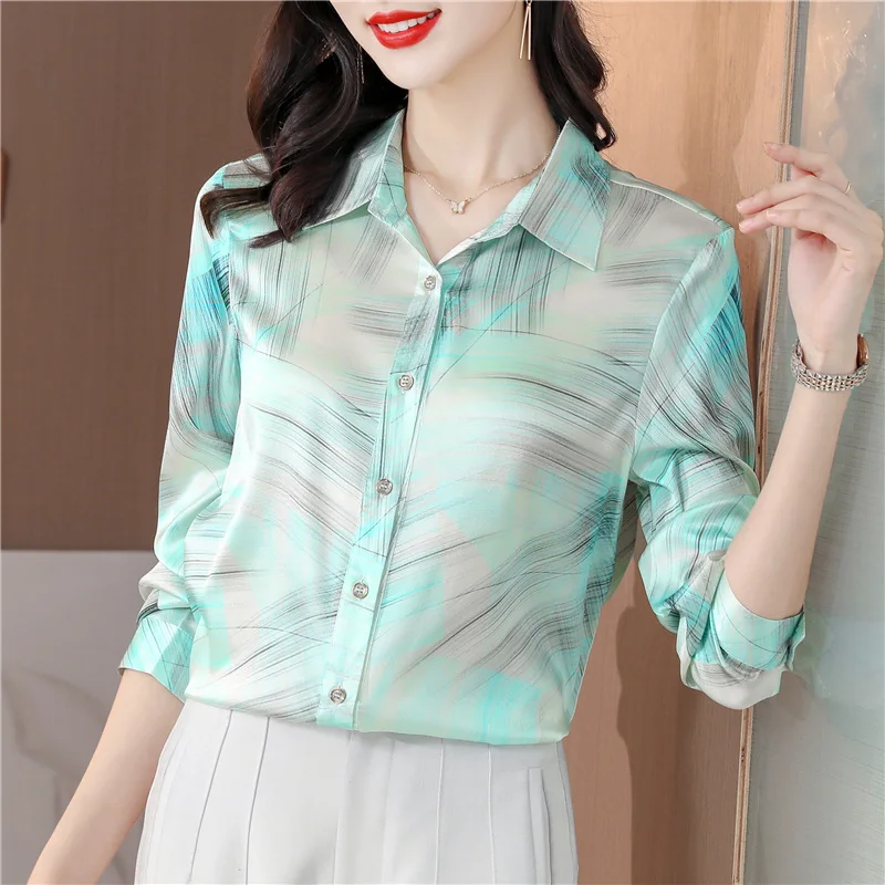 Spring Women\'s Shirts Fashion Long Sleeve Sweet Printed Clothing Female 2023 Silk Polo Neck Button Up Tops Women Basic Blouse OL