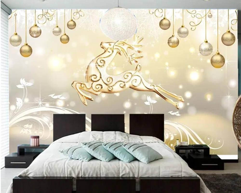 Christmas Elk 3d Golden Soft Pack Jewelry 3d wallpaper papel de parede,living room sofa TV wall children room mural