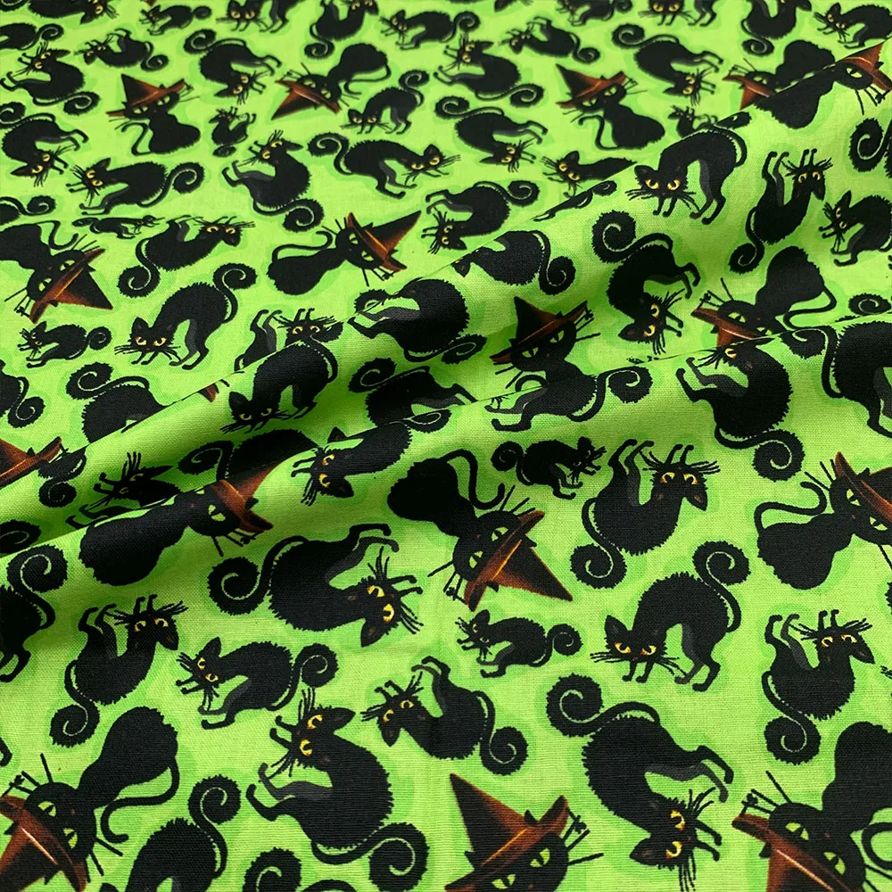 Beautifu 110cm Width 100% Cotton Fabric Sewing Children Clothing Dress Green Halloween Black Cats Printed Fabric Printed  DIY