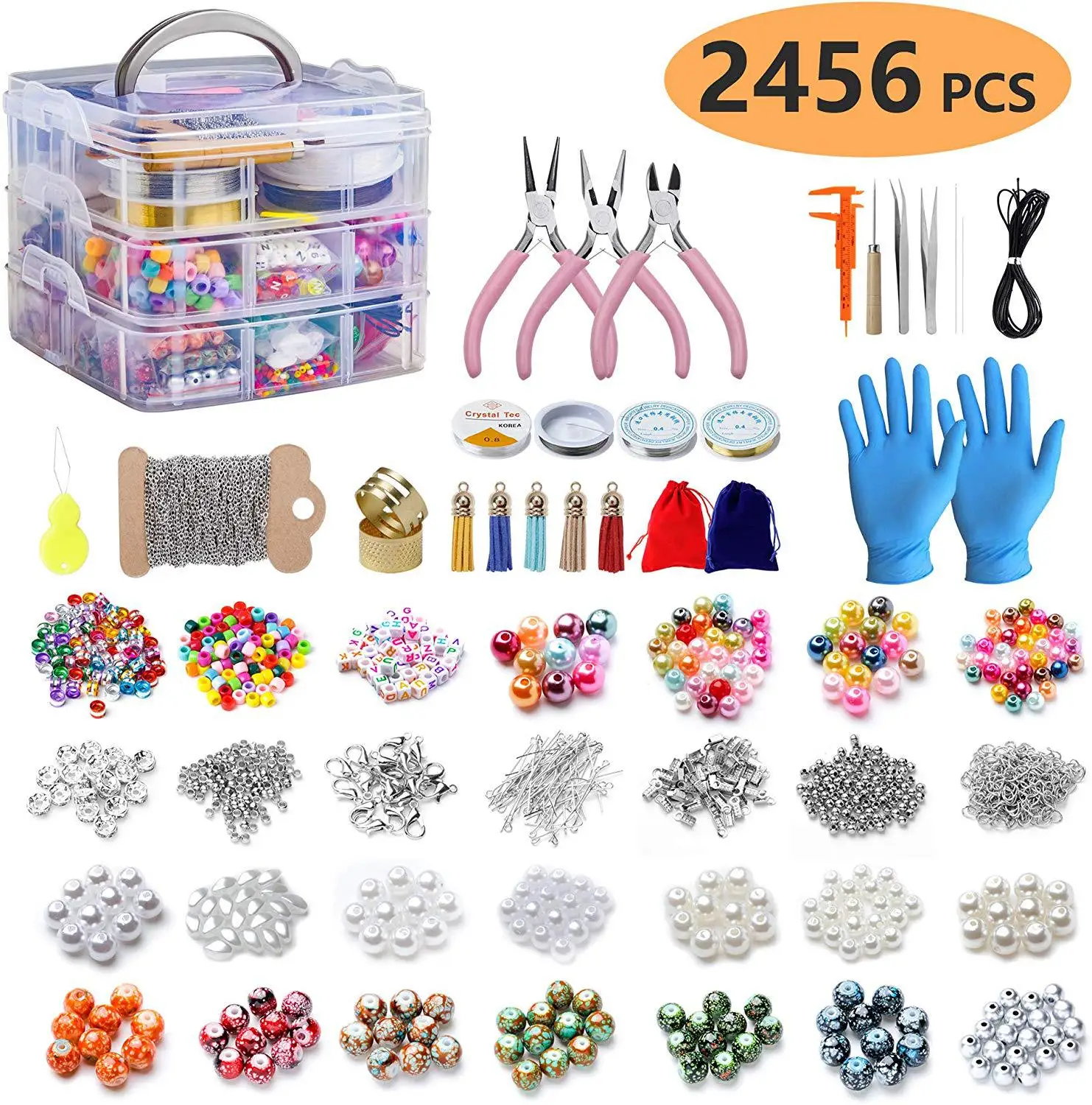 

2456pc Basic Beaded Material Diy Bracelet Necklace Earplug Accessories Handmade Jewelry Making Tool Set Kit Pliers Scissors