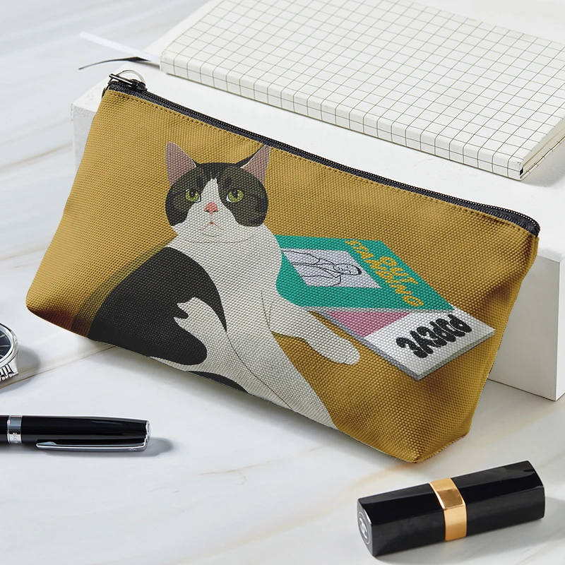 Bolsa de maquillaje de estilo japonés, bolsa de cosméticos de lona con estampado de gato lindo, bolsa de cosméticos portátil de gran capacidad para