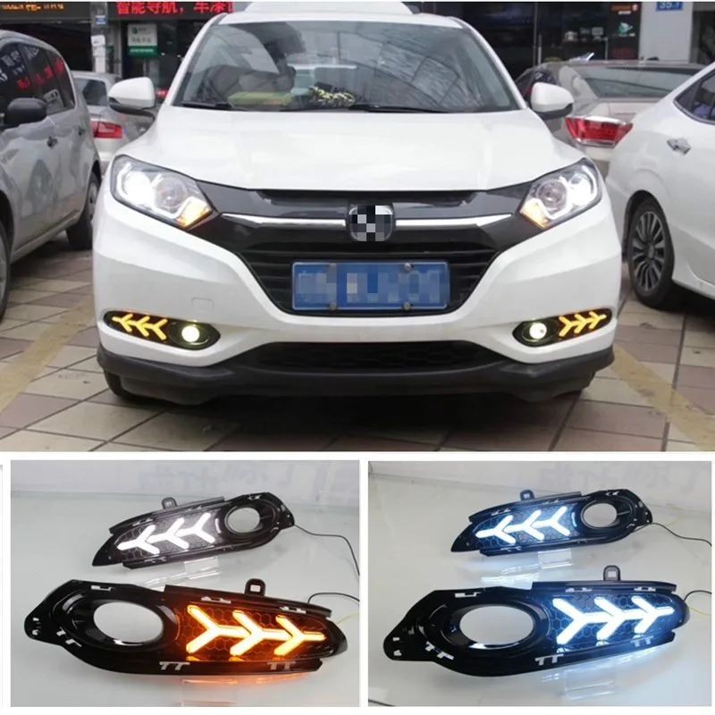 2Pcs For Honda HR-V HRV Vezel 2014 2015 2016 2017 2018 DRL fog lamp Daytime Running Lights with yellow turn signal