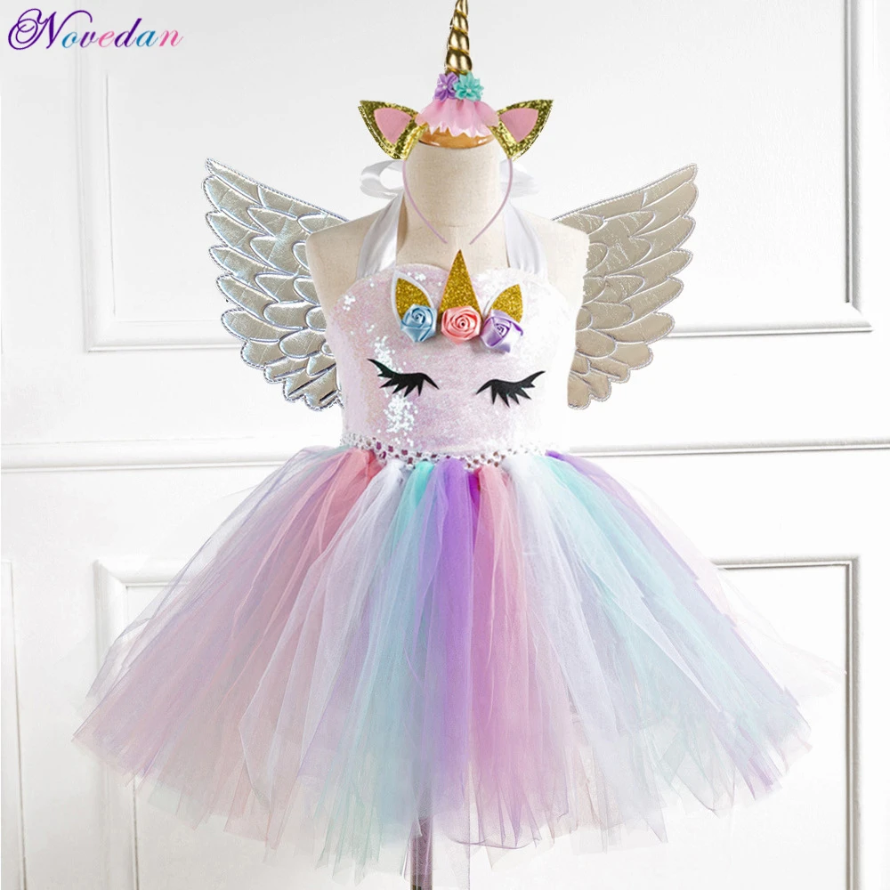 New Kids Unicorn Costumes For Girls Unicorn Tutu Dress With Gold Headband Wings Princess Girls Halloween Party Dress 2-10 Years image 2