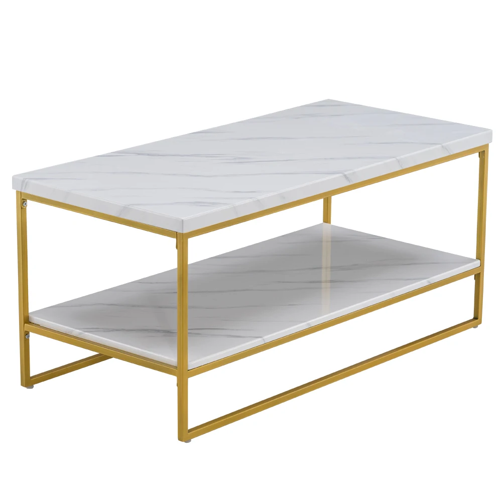 (106 x 50 x 48cm) Simple Double-layer Golden Iron Pipe Marble PVC Coffee Table Side Table End Table  Rectangular