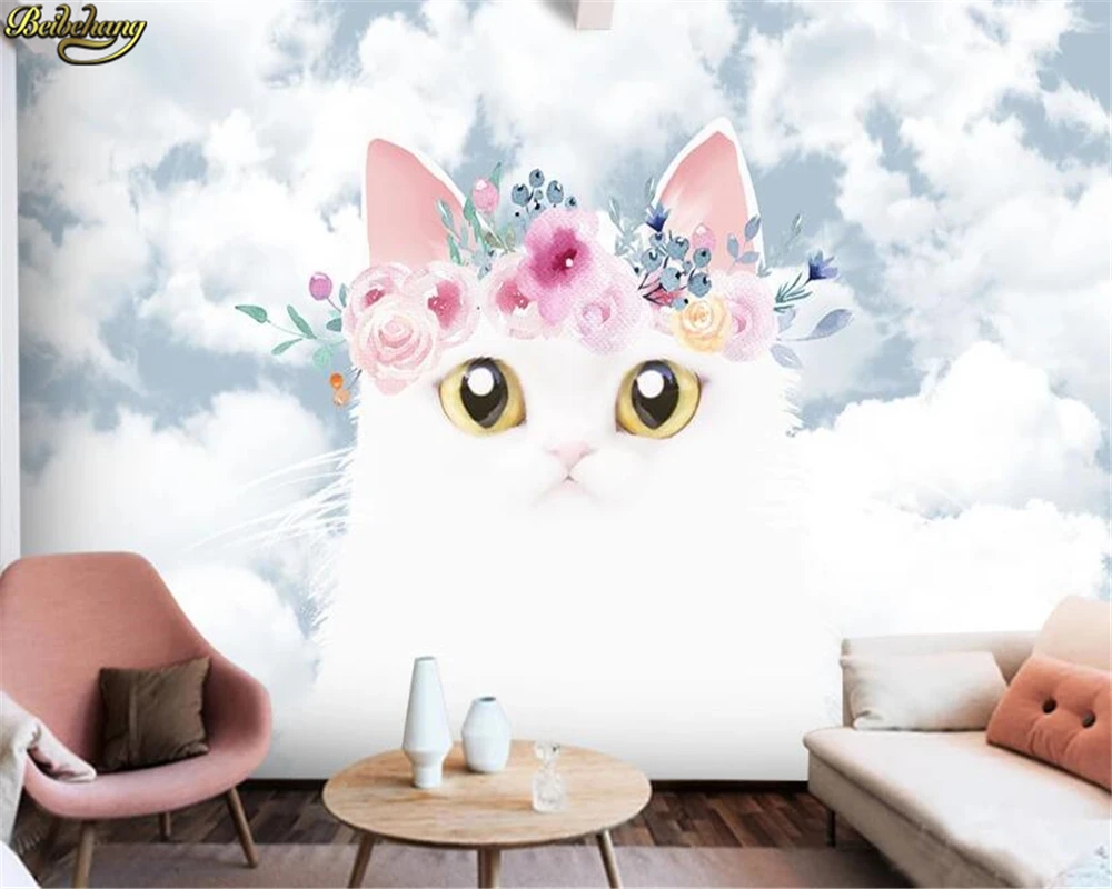 

beibehang Custom 3d wallpaper mural nordic cartoon cute kitten children room sky bedroom background wall paper papel de parede