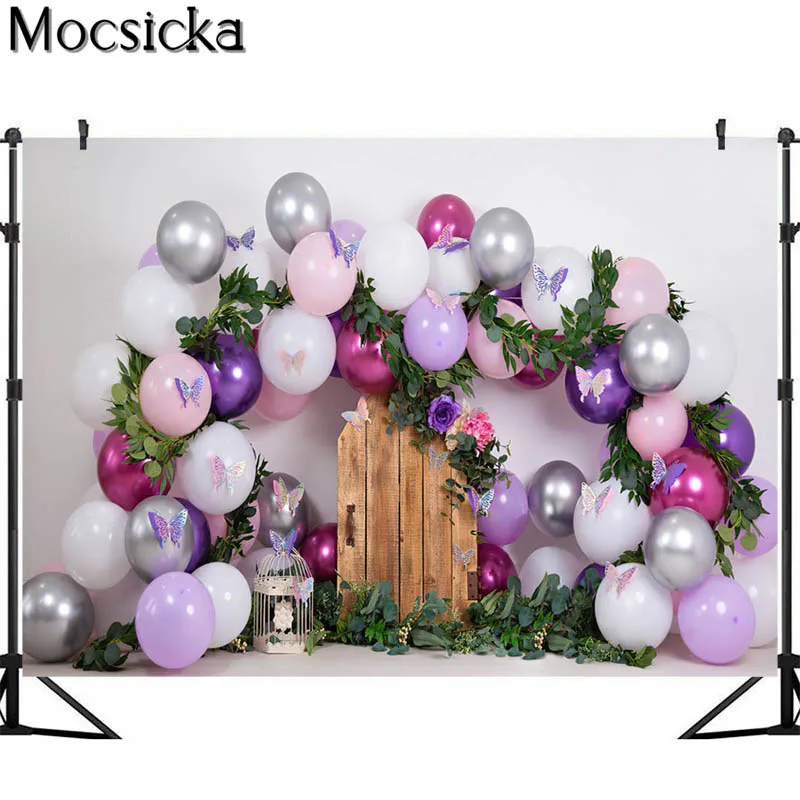 Frühling Schmetterling Kinder Geburtstag Kuchen Zerschlagen Hintergrund Studio Photo Lila Blumen Luftballons Garten Fotografie Hintergrund