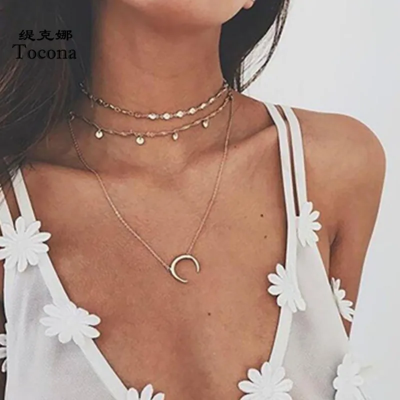 Tocona Bohemian Moon Pendant Necklace Women Shiny Crystal Stone Gold Color Wafer Chain Chocker Party Jewelry Accessories N001