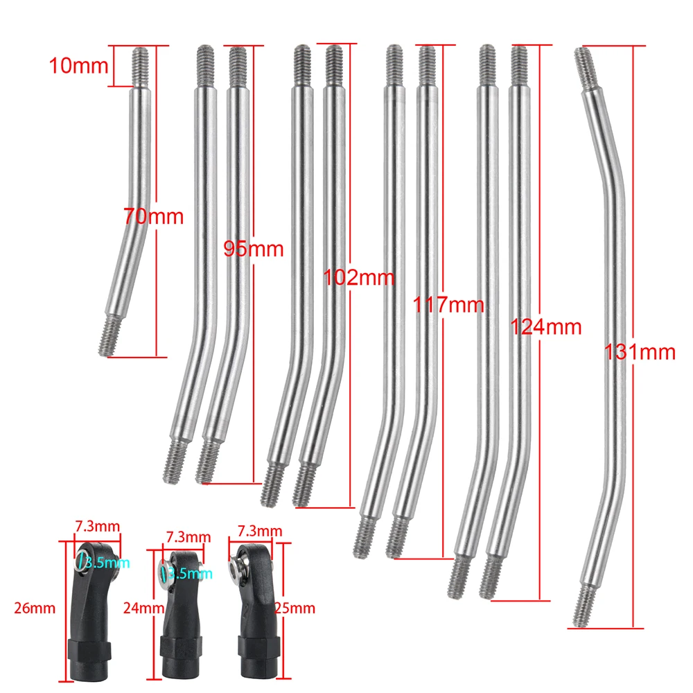 YEAHRUN 스테인리스 스틸 연결 스티어링 링크 로드 세트, 축 SCX10 II 90046 313mm/324mm 휠베이스 1/10 RC 자동차 부품, 10 개