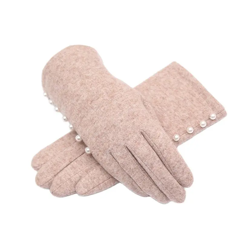 New Women Winter Keep Warm Touch Screen Wool Knitting Pearls Elegant Fashion Female Plus Velvet Inside Thicken Outdoor Gloves