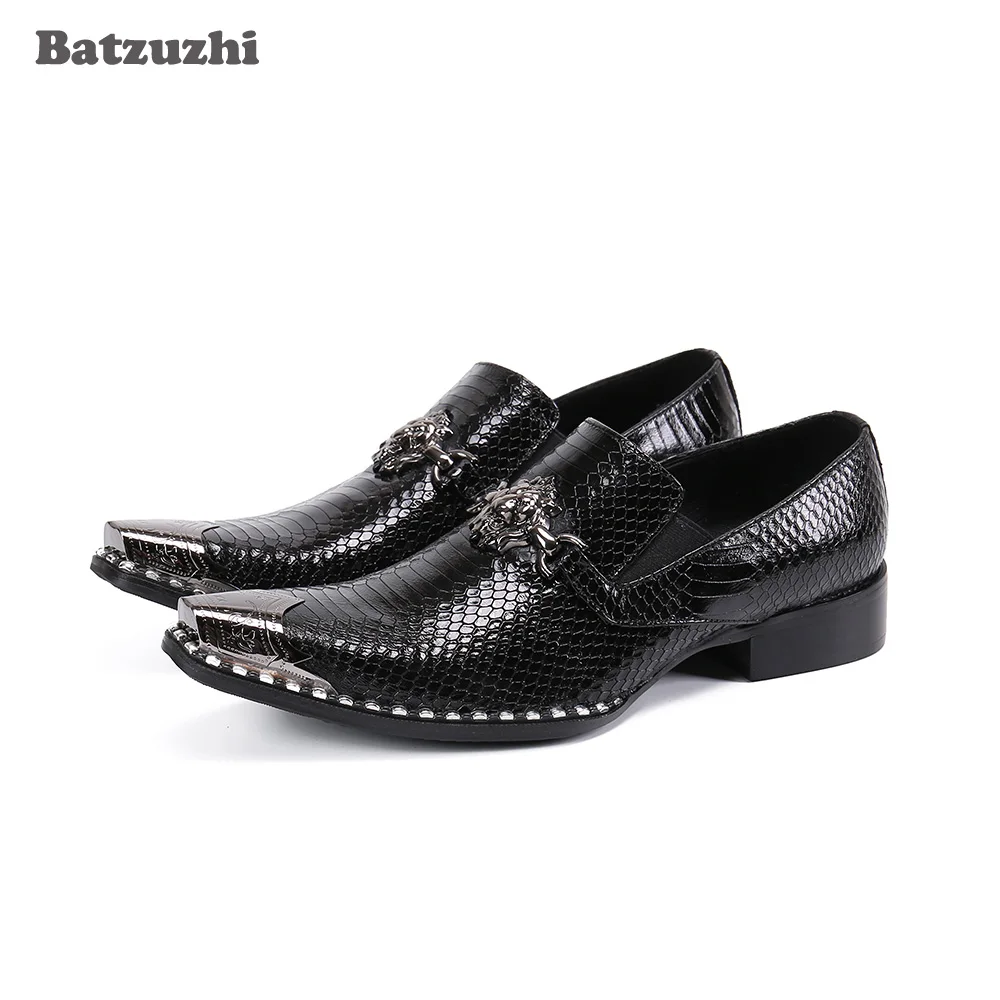 

Batzuzhi Luxury Handmade Men's Shoes Iron Toe Black Genuine Leather Dress Shoes Men Slip on Formal Zapatos Hombre, Sizes 38-46