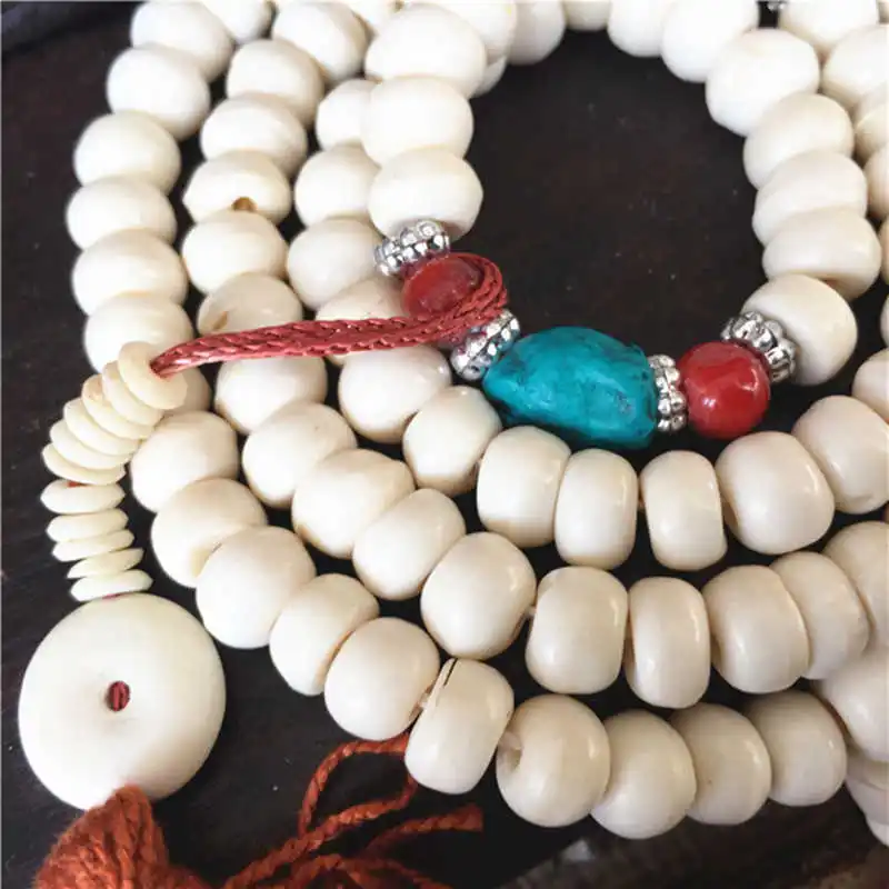 Tibetan Mala 8mm 108PCS White Yak Bone Prayer Meditation Mala Tibet Buddhist Rosary for Man BRO848