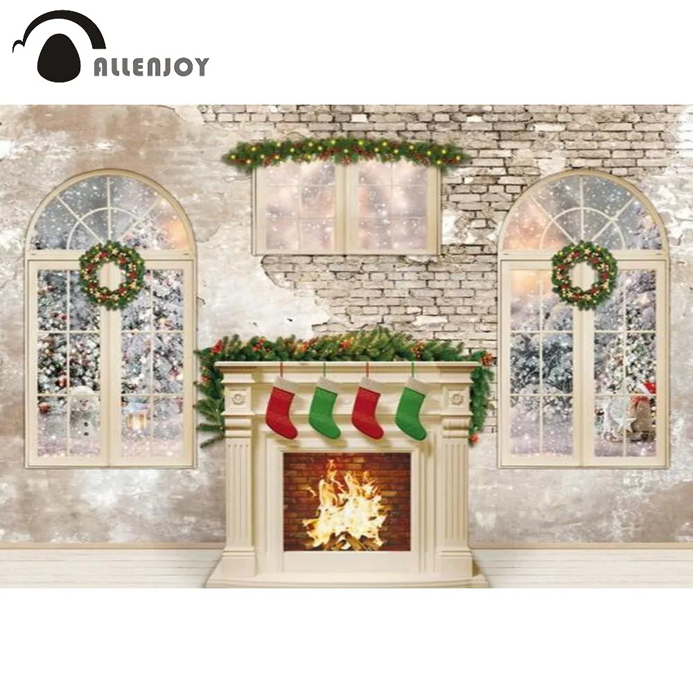 

Allenjoy Merry Christmas Backdrop New Year Winter Fireplace Socks Wreath Windows Snowy Trees Brick Wall Background Photo Props