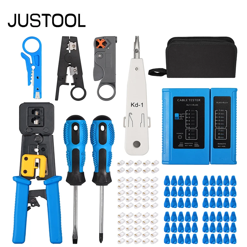 

JUSTOOL RJ45 Crimping Tool Kit for RJ11 RJ12 CAT5 CAT6 Lan Cable Tester Network Repair Wire Crimper Connector Stripper Cutter