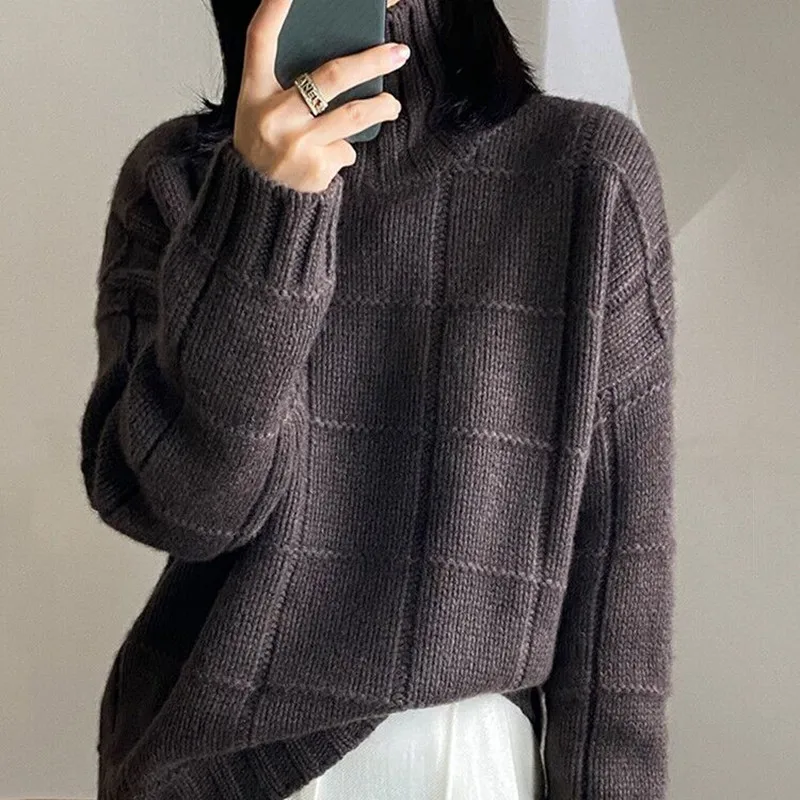 High-neck Thick Cashmere Sweater Women Loose Korean Style Lazy Autumn Winter New Wool Knitted Sweater Turtleneck Pullover Female