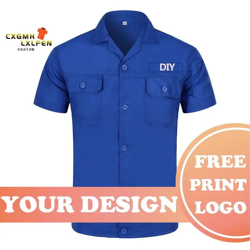 DIY Your logo or Photo Text Custom Workwear Men\'s Short Sleeve Industrial Work Shirt Two Pocket Workwear