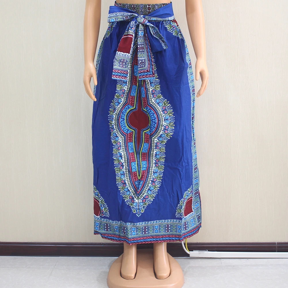 

Blue Long Skirt Elastic Waist Cotton Wax Dashiki Ethnic Style Pocket with Sashes African Women's Skirt