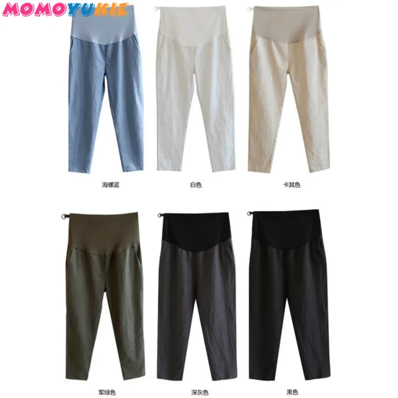 Thin Cotton Linen Spring Summer Ankle-length Pants High Waist Leisure Maternity Pants Solid Color Pregnant Women Clothing