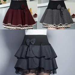Women's Plaid Elastic Waist Thick Wool Mini Skirts, High Waist, Fluffy, Pleated, Black, Kawaii, Female, Autumn, Winter, C365