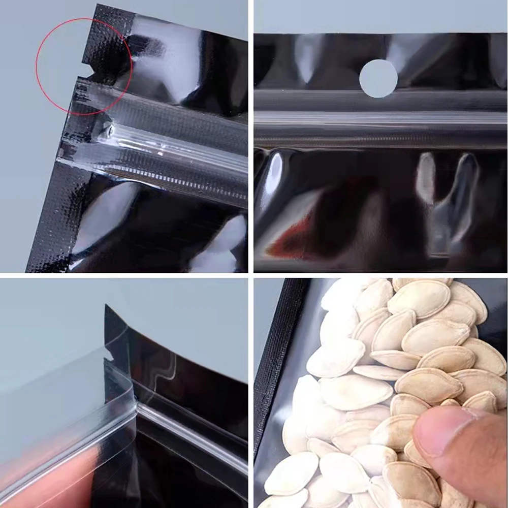 100Pcs Clear Black Aluminum Foil Zip Lock Bag with Hang Hole Reclosable Reusable Tear Notch Zipper Seal Food Storage Pouches