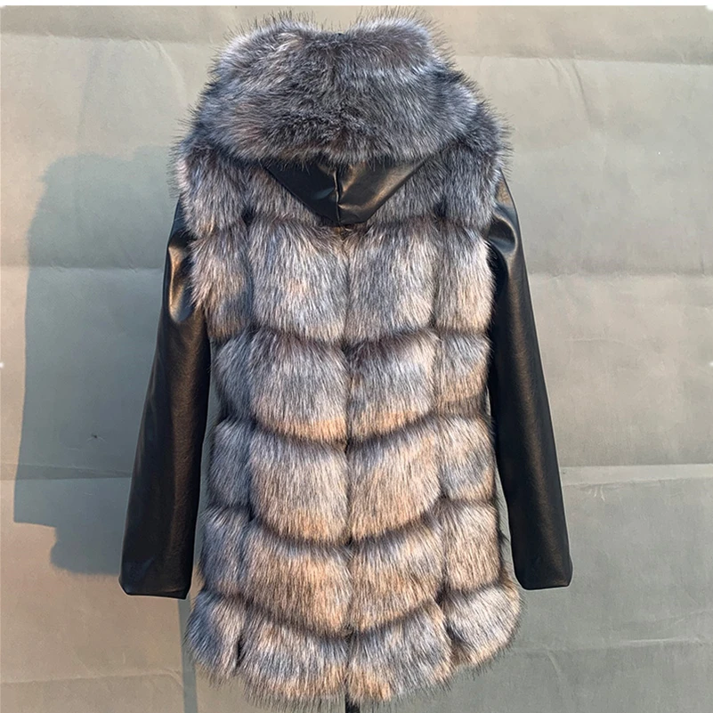 70CM Women Winter Warm Black Leather Removable Sleeve Fur Jacket Coat With Hooded Faux Fur Coat Outwear Thick Fox Fur Jacket