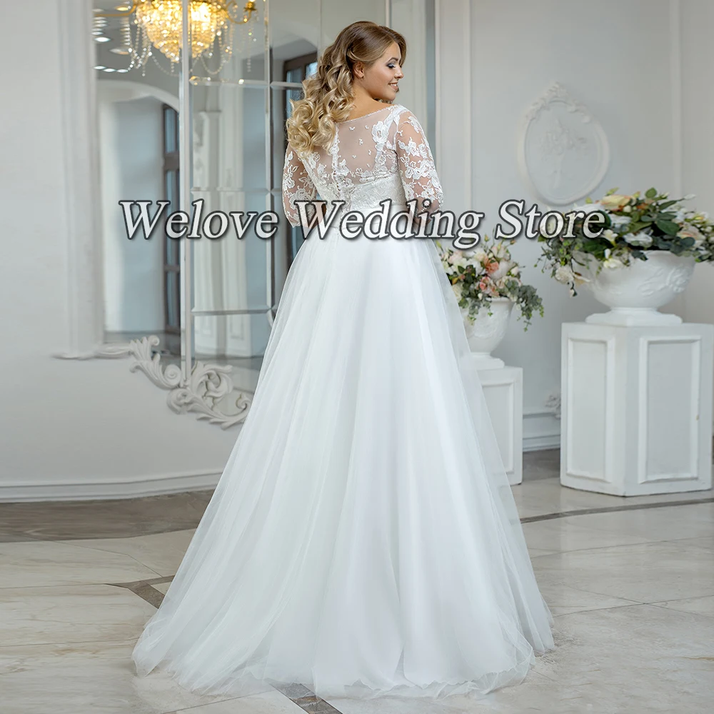 Plus Size Wedding Dress Lace Half Sleeves Floor Length Tulle Applique A Line White Tulle Bridal Gown 2023 Custom Robe De Soriee